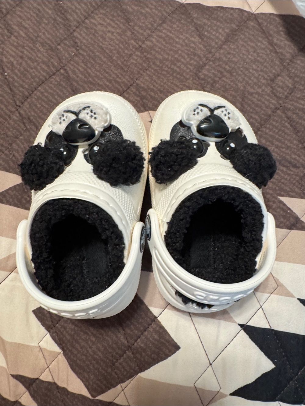 CROCS White and Black Fuzzy Lined Kids Clog with Pom Accents